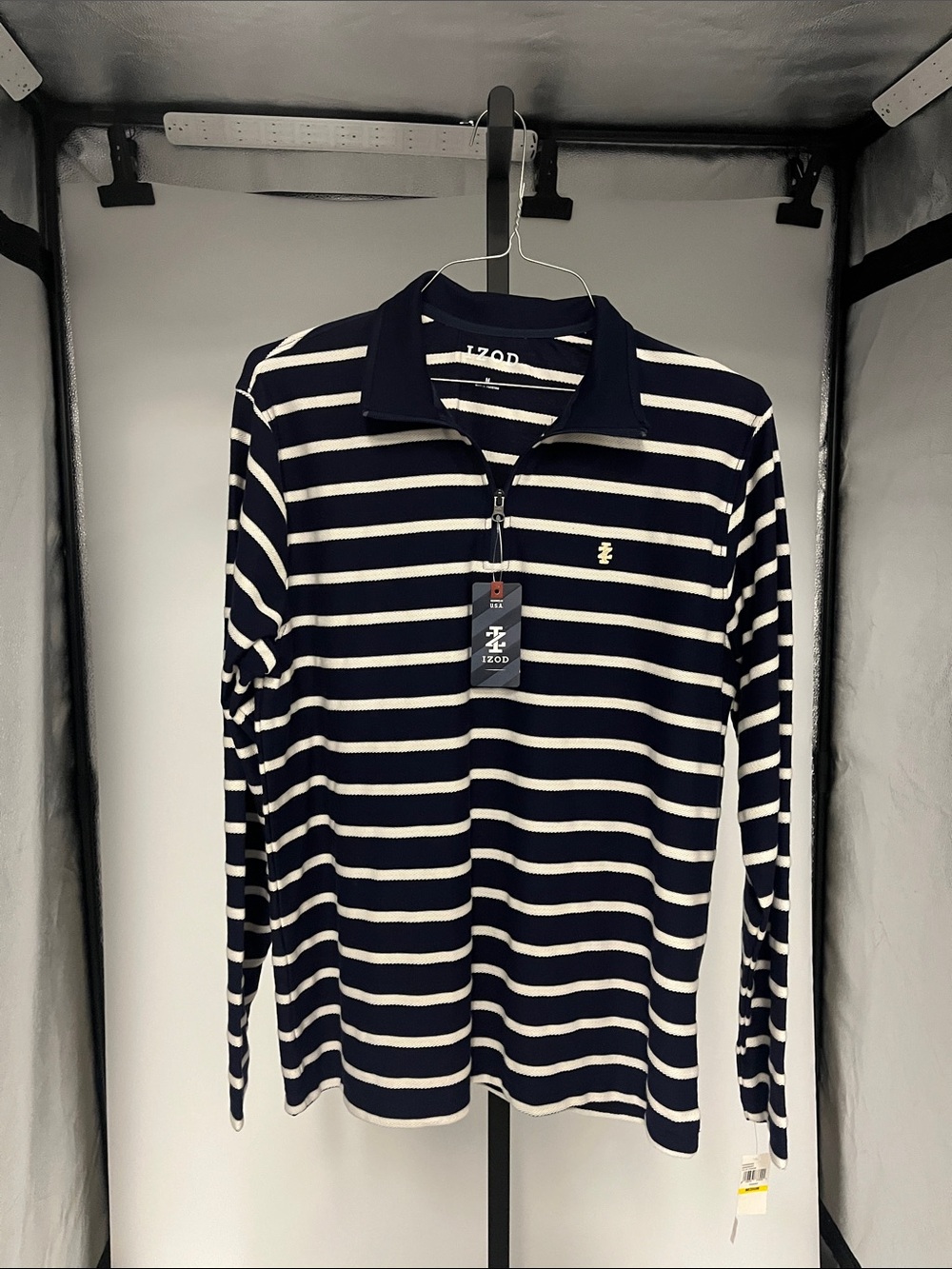 Izod Navy and White Striped Long-Sleeve Polo with Quarter Zip